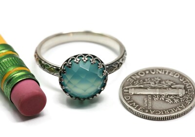 10mm Rose Cut Aqua Chalcedony 925 Antique Sterling Silver Ring by Salish Sea Inspirations - image4